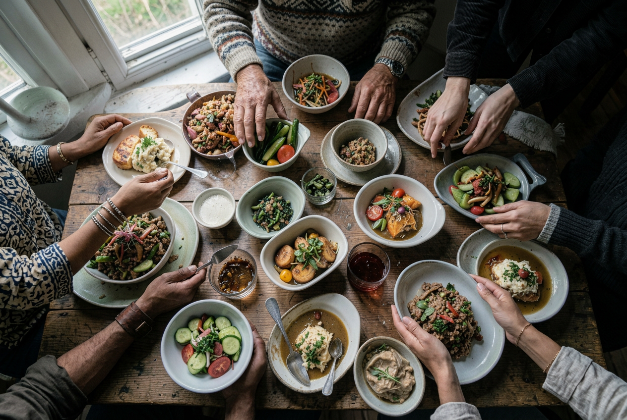 Gedekte tafel vol shared dining gerechten