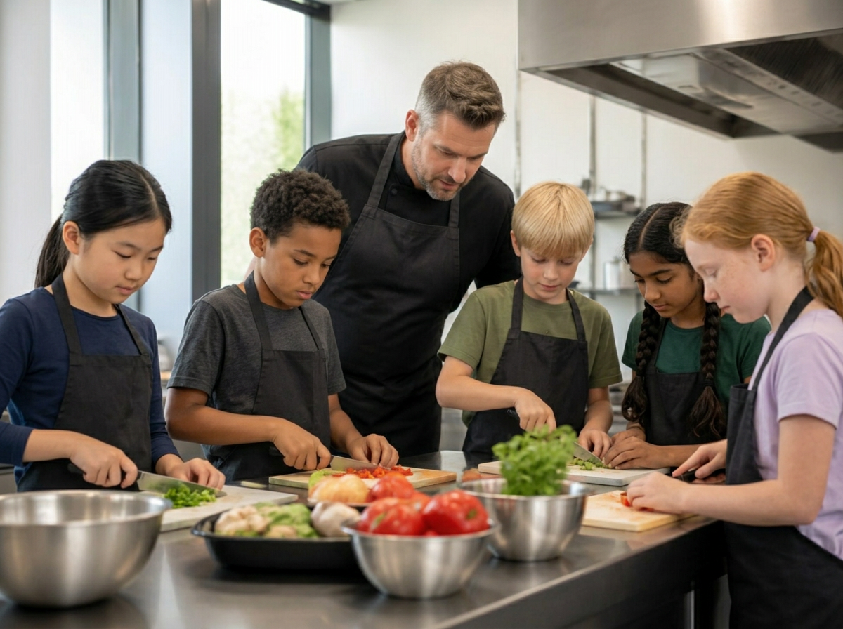 Stefano geeft een kookworkshop aan kinderen
